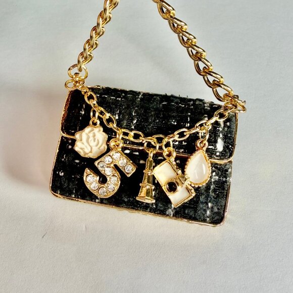 Fashion Jewelry Tweed Purse Keychain Gold Bag Charm Bling Paris Eiffel Tower - Picture 2 of 6